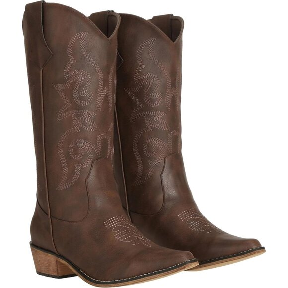 SheSole Western Boots Women Dark Brown Faux Leather Square Toe Wide Mid Calf - Picture 7 of 7